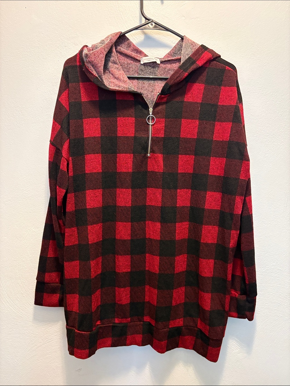 Chic Soul Red and Black Buffalo Plaid Quarter-Zip Hoodie Sweater